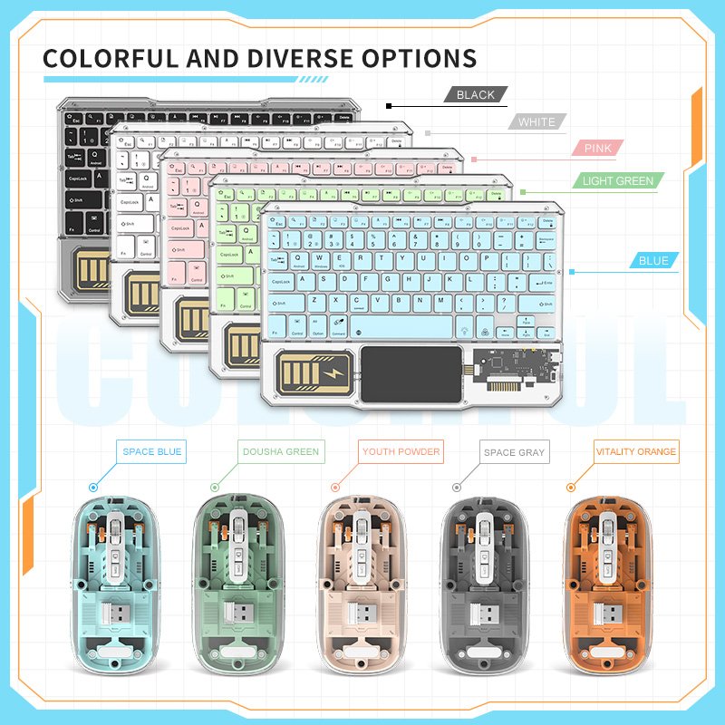2023 New style Transparent wireless keyboard and mouse set 7 color RGB with touchpad for ipad and Android tablet
