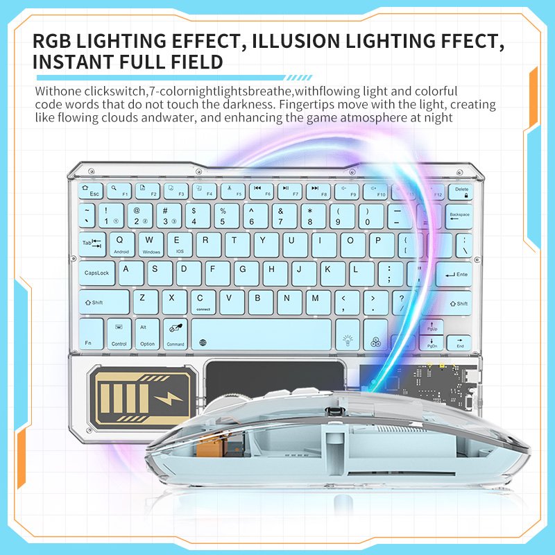 2023 New style Transparent wireless keyboard and mouse set 7 color RGB with touchpad for ipad and Android tablet