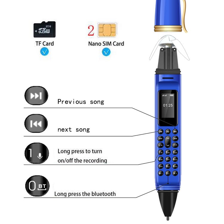 Pen Shape Dialer Mobile Phones with Camera Flashlight 0.96" Tiny Screen GSM Dual SIM with Recording Mini Pen Cellphone