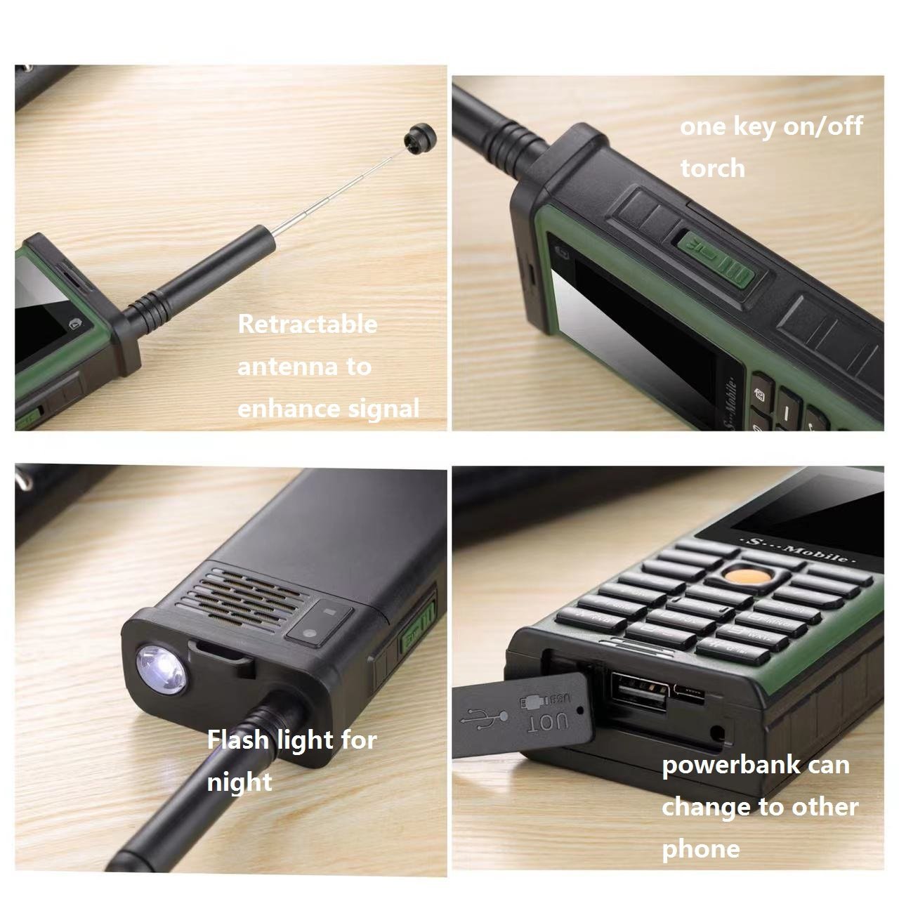 Outdoor electric bully mobile phone with four cards and four standby modes ong standby time adjustable