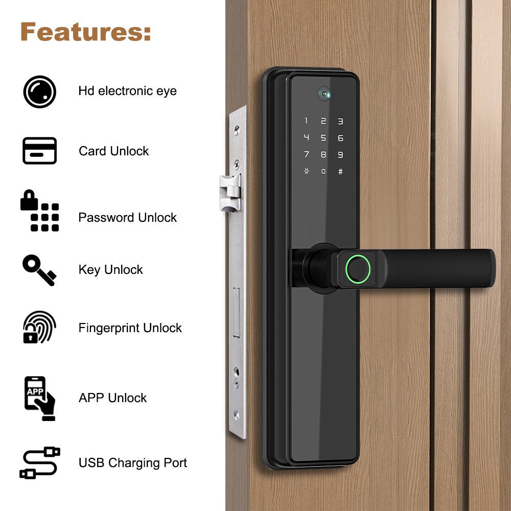 Eseye New Design Tuya Smart Lock Digital Viewer Password Key Cards App Fingerprint Camera Door Lock With WiFi NFC