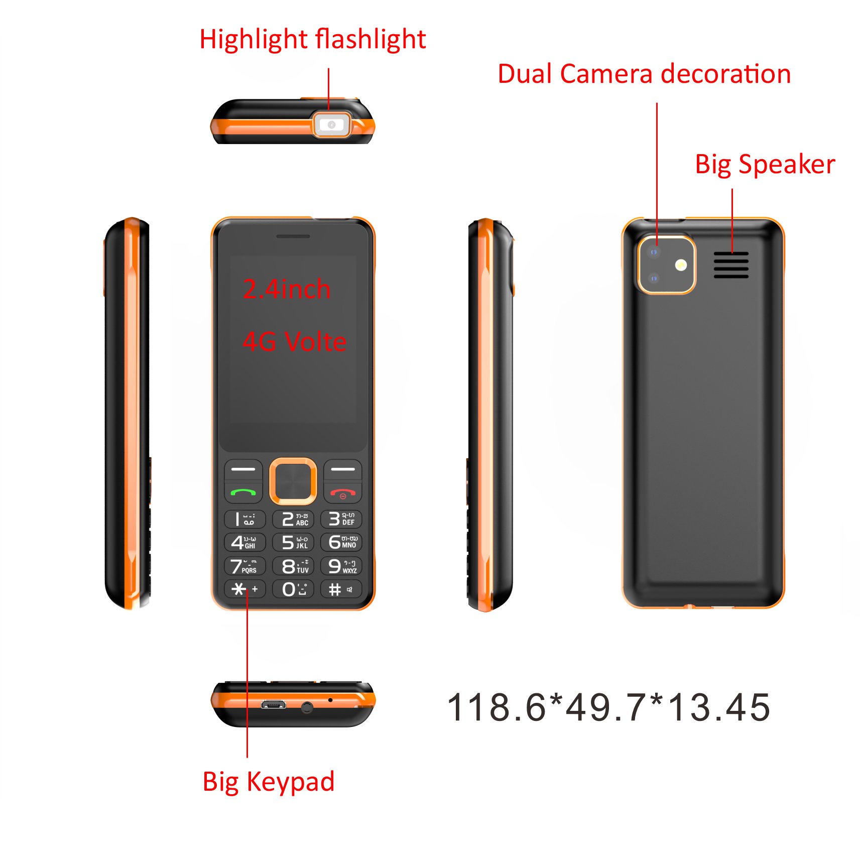 Small MOQ 3K 4g VoLTE Rots Phone Button Big Screen 2.4' Phone Feature 4G Custom Keypad Torch Telephone Factory