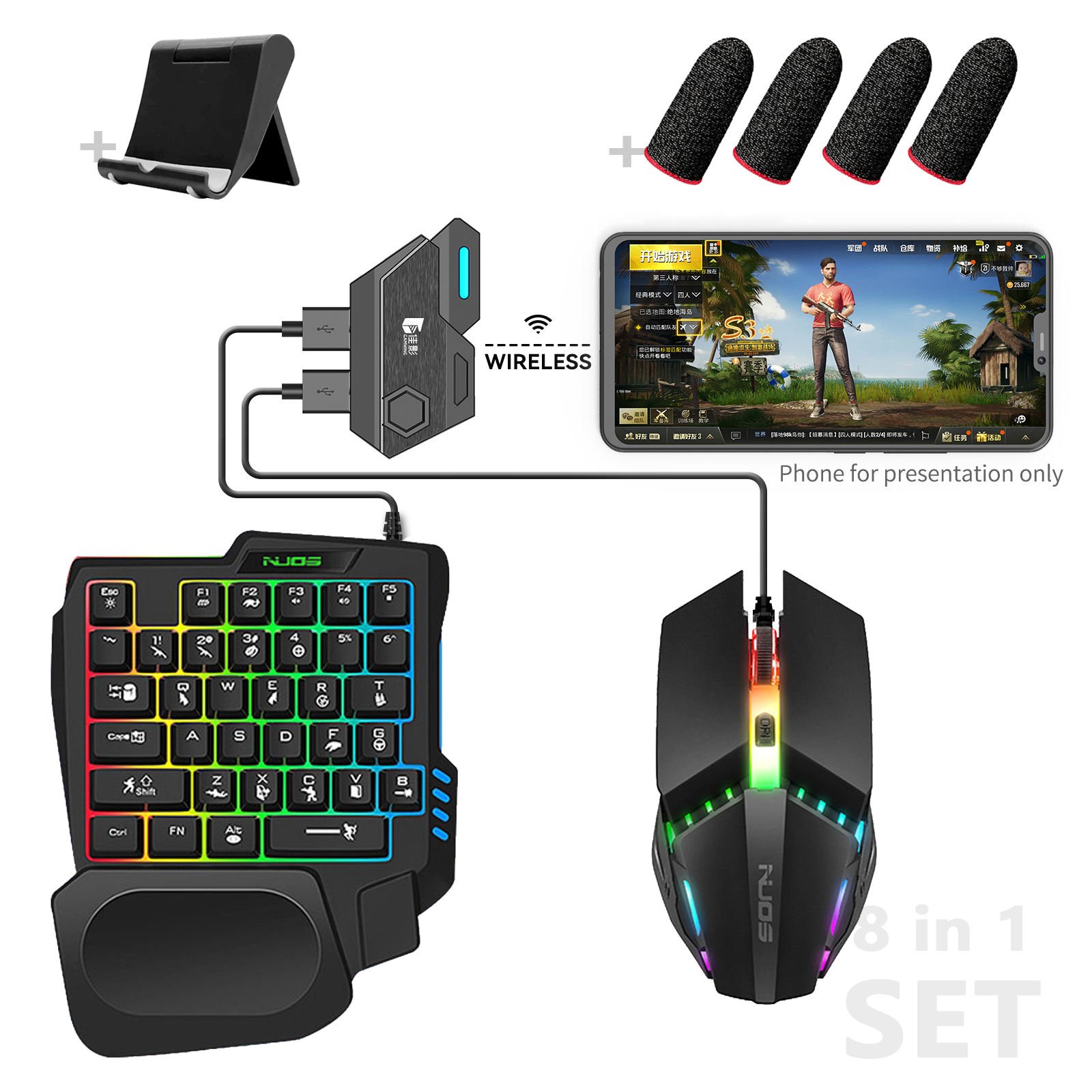 8 in 1 mobile Game Auxiliary Accessories Usb Wired Gaming Keyboards Set Keyboard mouse combo