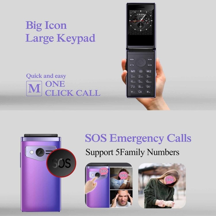 New Disposable 2.8 inch + 1.77 inch HAMTOD T8 4G Flip Phone, US Version,VoLTE, SOS, OTG with Charge Port: Type-C