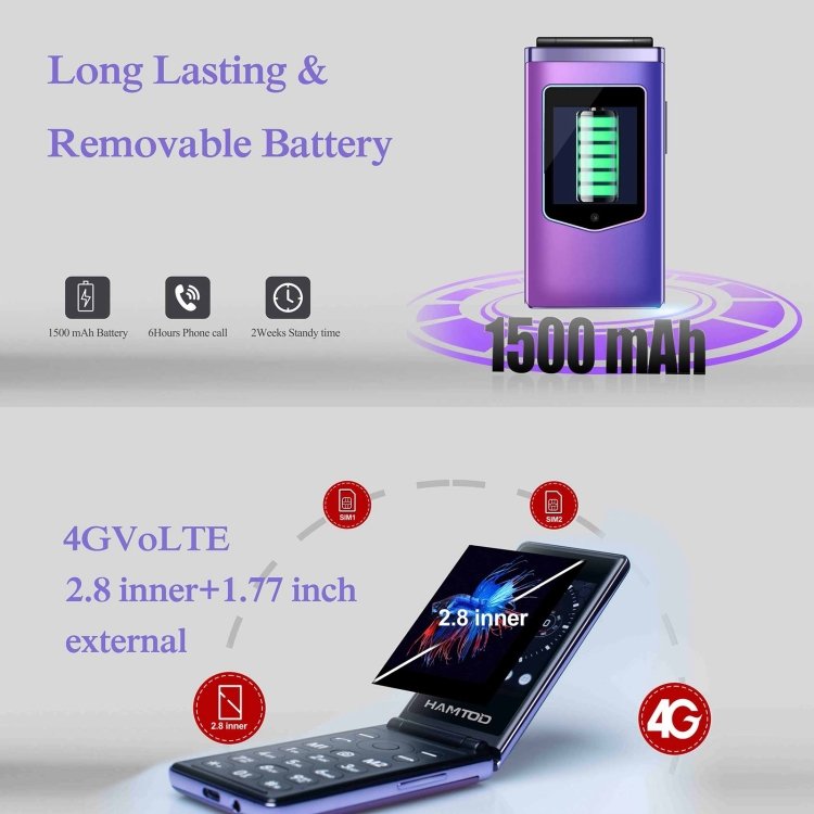New Disposable 2.8 inch + 1.77 inch HAMTOD T8 4G Flip Phone, US Version,VoLTE, SOS, OTG with Charge Port: Type-C