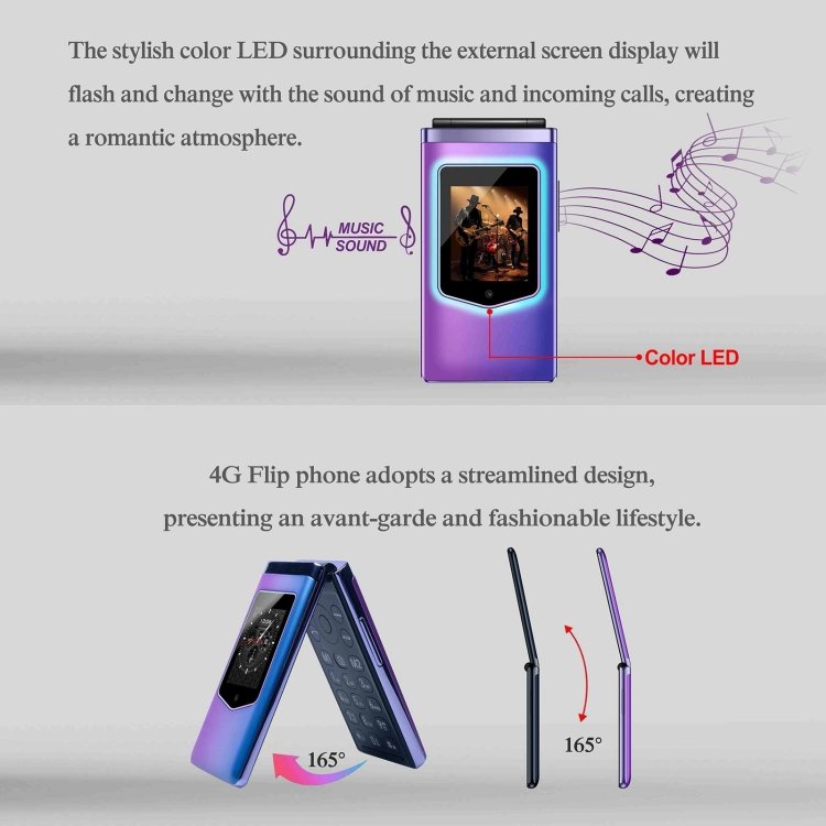 New Disposable 2.8 inch + 1.77 inch HAMTOD T8 4G Flip Phone, US Version,VoLTE, SOS, OTG with Charge Port: Type-C