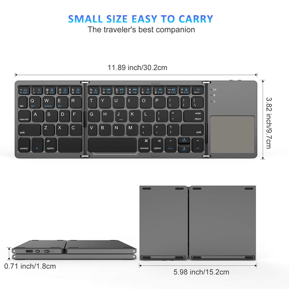 Full Size Foldable Slim Mini Keyboard Foldable Wireless Bluetooth Keyboard with Touchpad for Tablets, Notebooks, Mobile Phones