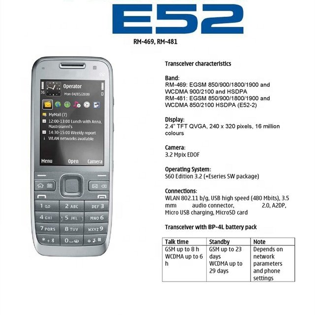 Hot Selling E52 For Nokia WIFI GPS JAVA 3G Cheap Bar Unlocked Mobile Cell Phone handset Russian Arabic Hebrew keyboard phone