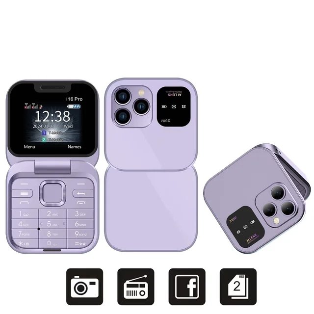i16Pro Mobile Phone Auto Call Record Speed Dial FM Radio Mini Flip Phones Dual Sim Card Unlocked Mobile Phone Keypad Folded