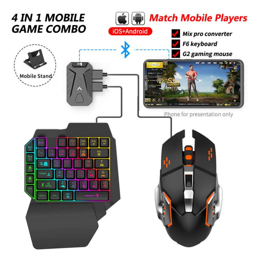 4 in 1 mobile game combo wireless converter with one-hand F6 keyboard and G2 gaming mouse for GUBG games playing