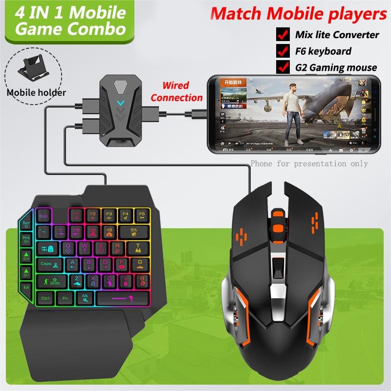 4 in 1 mobile game combo wireless converter with one-hand F6 keyboard and G2 gaming mouse for GUBG games playing