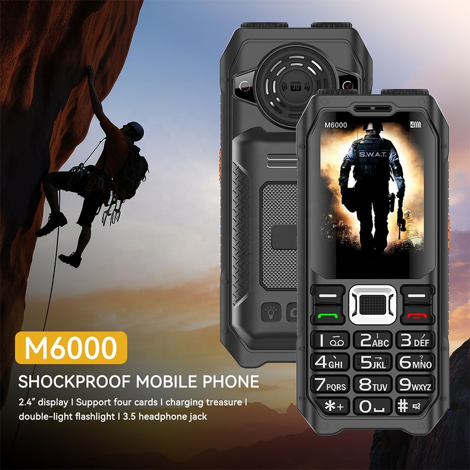 UNIWA M6000 Powerful LED Torch 2.4 Inch Display Screen 4 SIM Card Power Bank Function big battery mobile phone