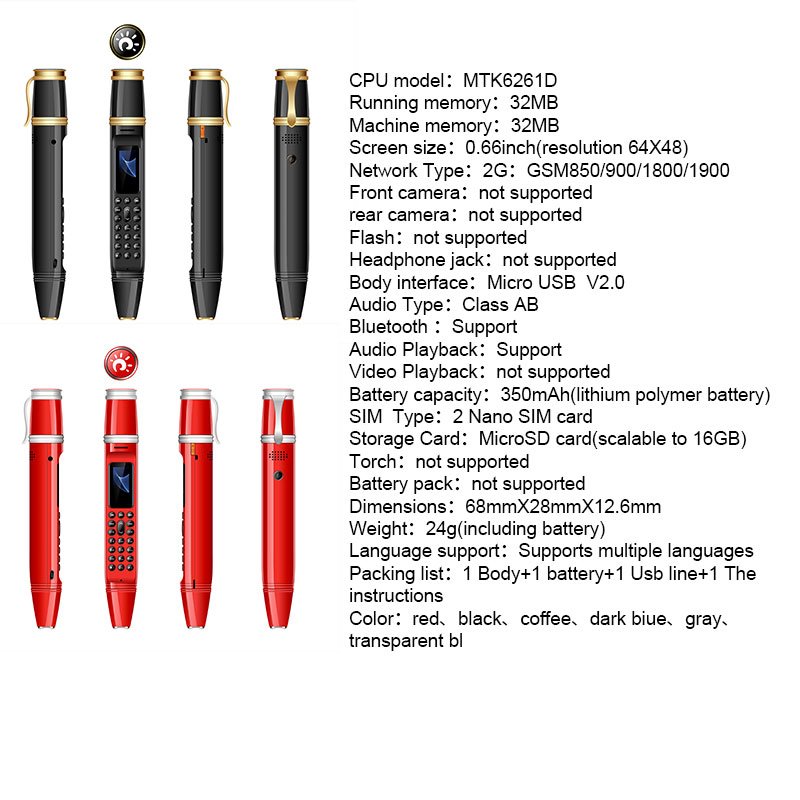 Pen Shape Dialer Mobile Phones with Camera Flashlight 0.96" Tiny Screen GSM Dual SIM with Recording Mini Pen Cellphone