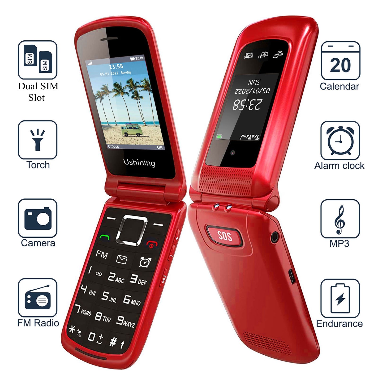 new design 4G Flip Feature Phone 1.77+2.4'' Dual Screen LTE Cell Phone Basic Phone with FM Bluetooth for Elderly People
