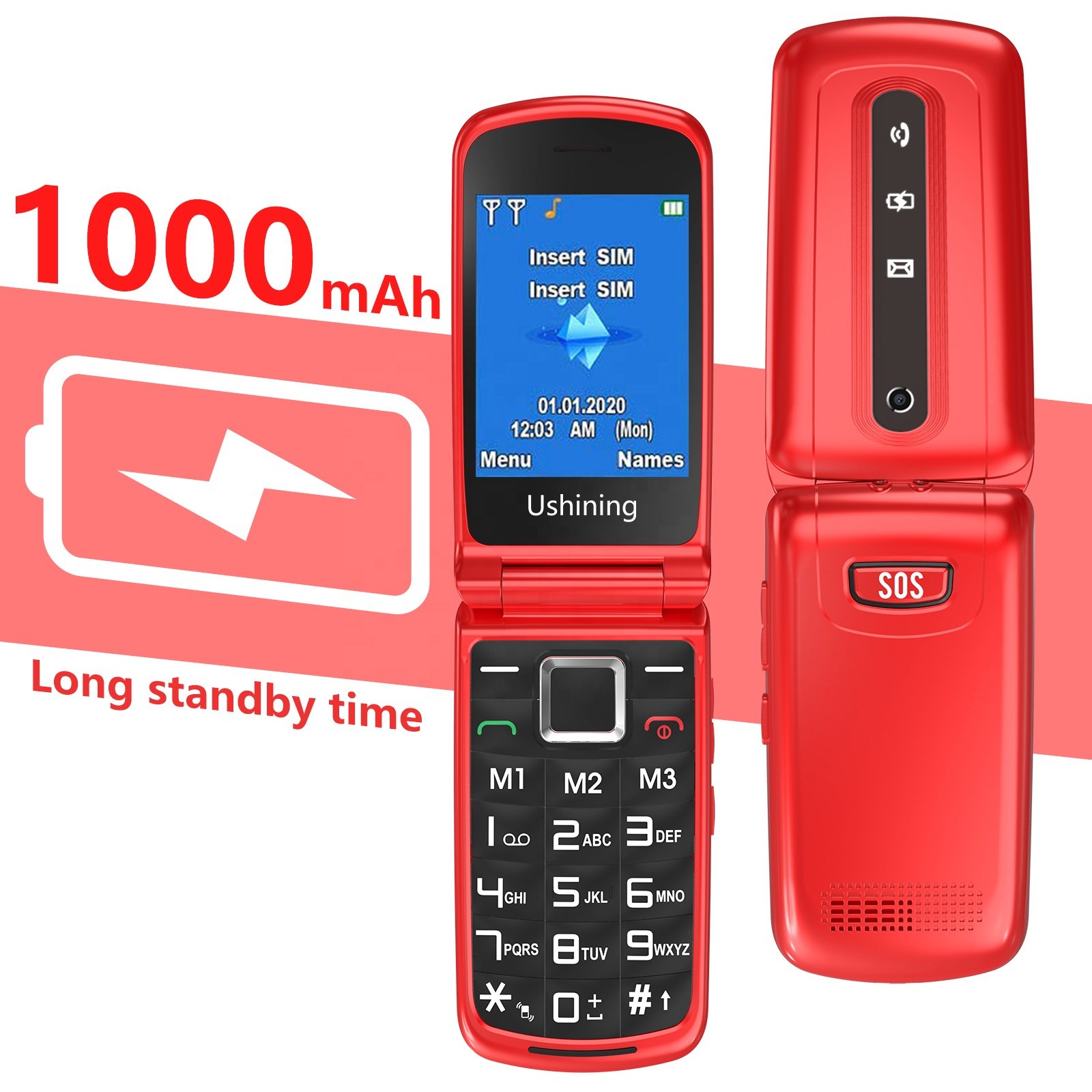 Ushining V1000 Big Button Big Bat Mtery 4G Seniors Cell Mobile Phone with SOS Camera Flip Features UK Plug for Elderly