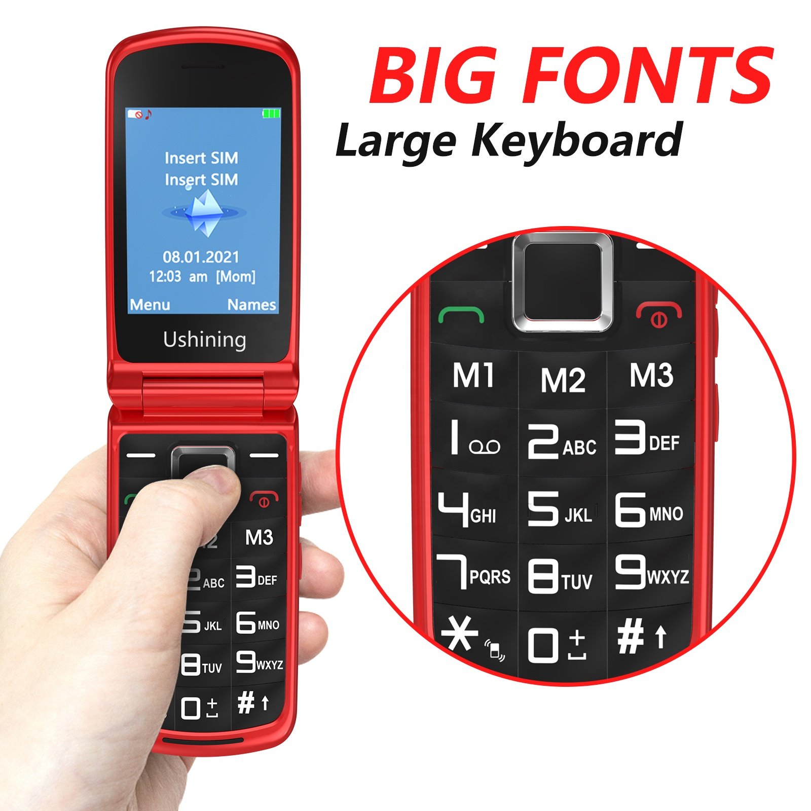 Ushining V1000 Big Button Big Bat Mtery 4G Seniors Cell Mobile Phone with SOS Camera Flip Features UK Plug for Elderly
