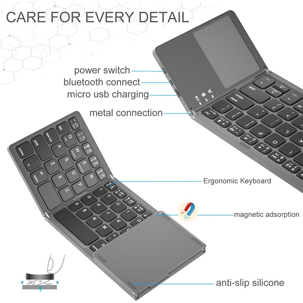 Foldable Keyboard with Touchpad Mini Wireless Keyboard Folding Ergonomic with 64 Keys for Ios/Android/Windows Pad Laptop Phone