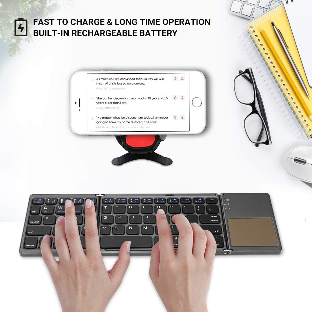 Foldable Keyboard with Touchpad Mini Wireless Keyboard Folding Ergonomic with 64 Keys for Ios/Android/Windows Pad Laptop Phone