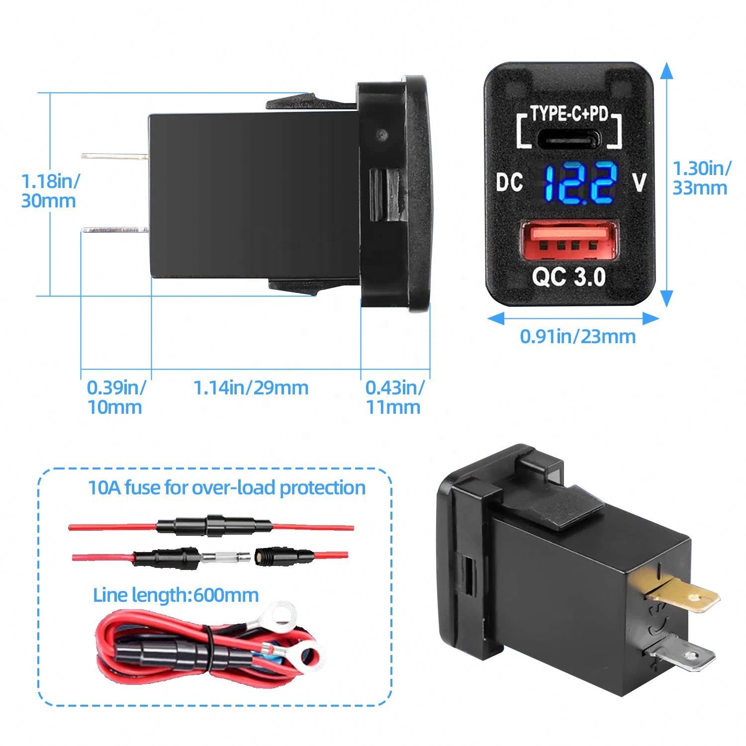 Suitable for Toyota new car modified car phone charger with PD3.0 + QC3.0 digital display voltmeter