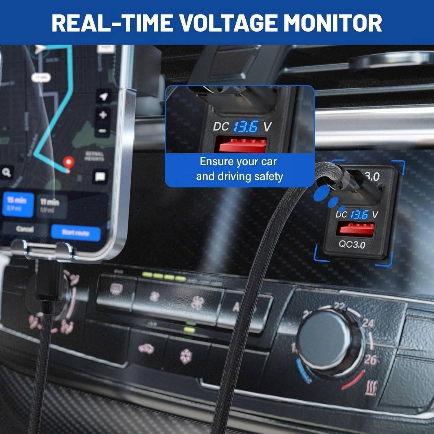 Suitable for Toyota new car modified car phone charger with PD3.0 + QC3.0 digital display voltmeter