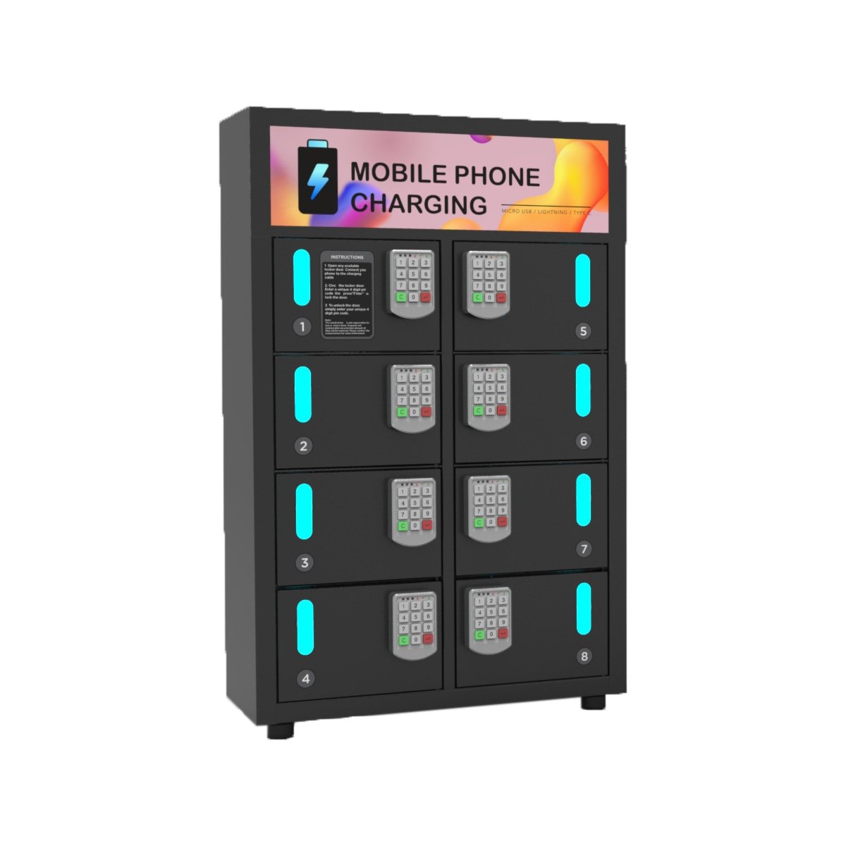 Y2 Power 8 bay charging locker with keypad system PL-P08A-Y2 High quality charging kiosk cabinet with 3-in-1 charging cable