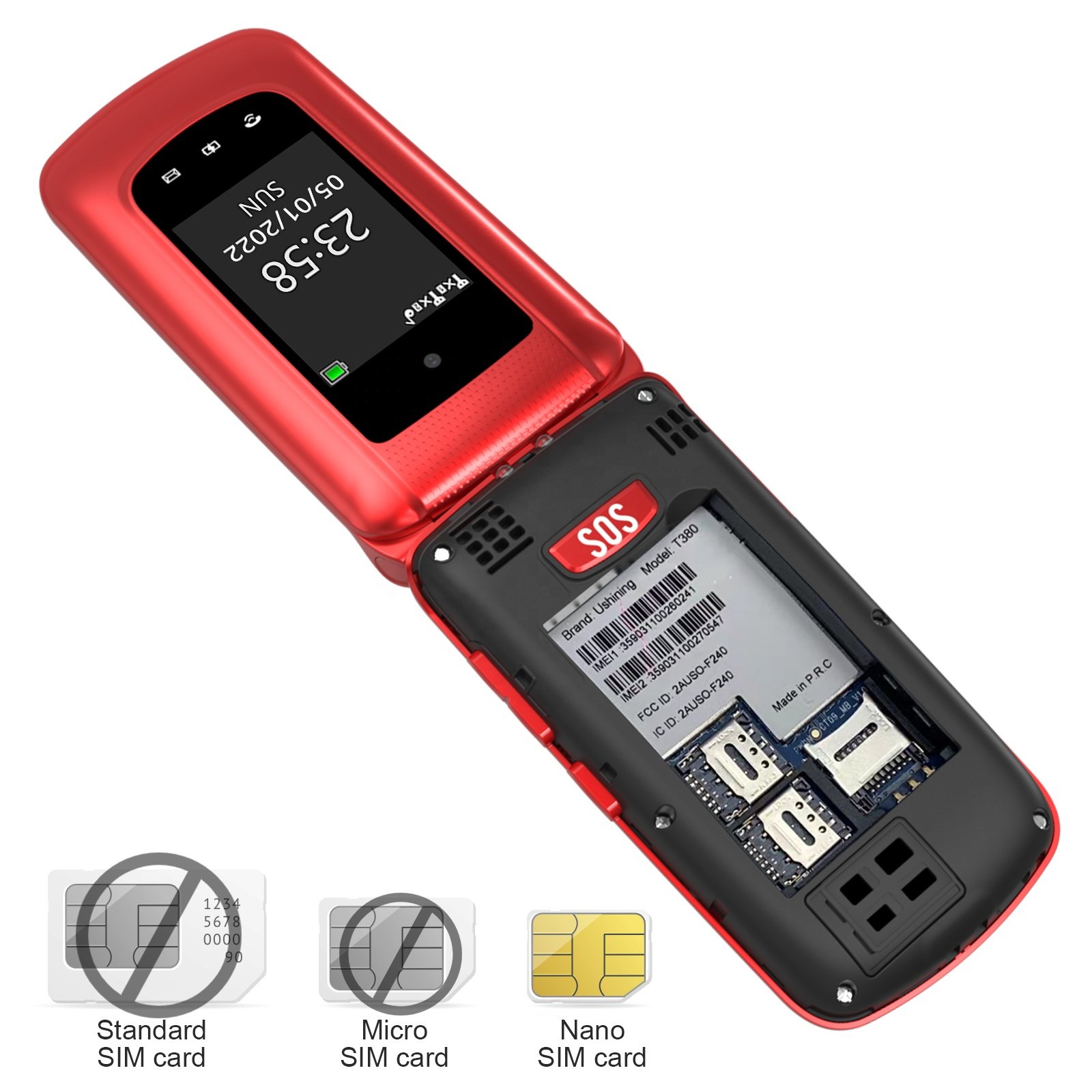 High Quality 4G Feature Phone 1.77+2.4'' Dual Screen LTE Flip Phone with Charging Dock FM Bluetooth for Elderly People