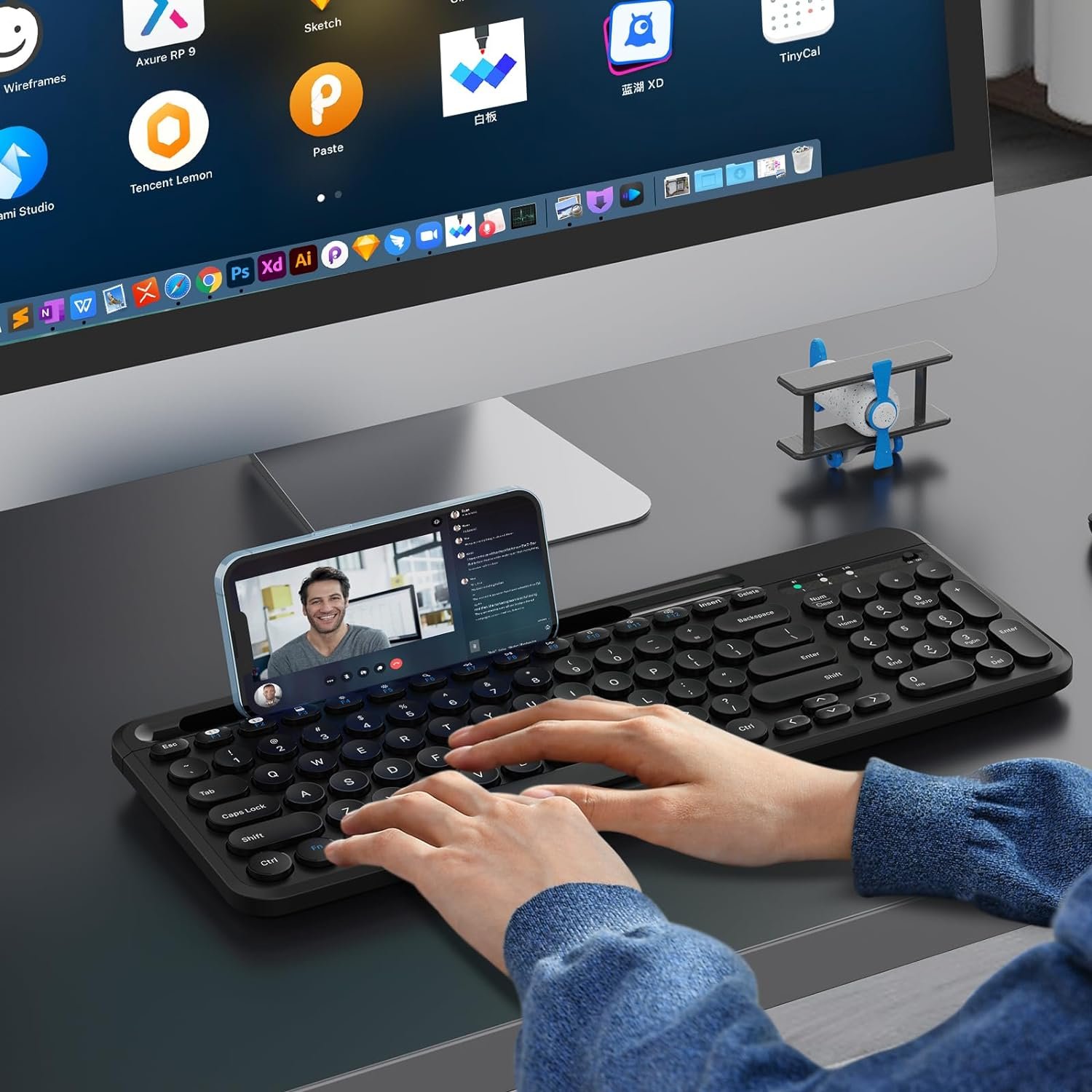 Duo Function Card Slot Retro Typewriter Keyboard BT 2.4Ghz Wireless Computer Ergonomic Keyboard for Mobile Phone PC Laptop
