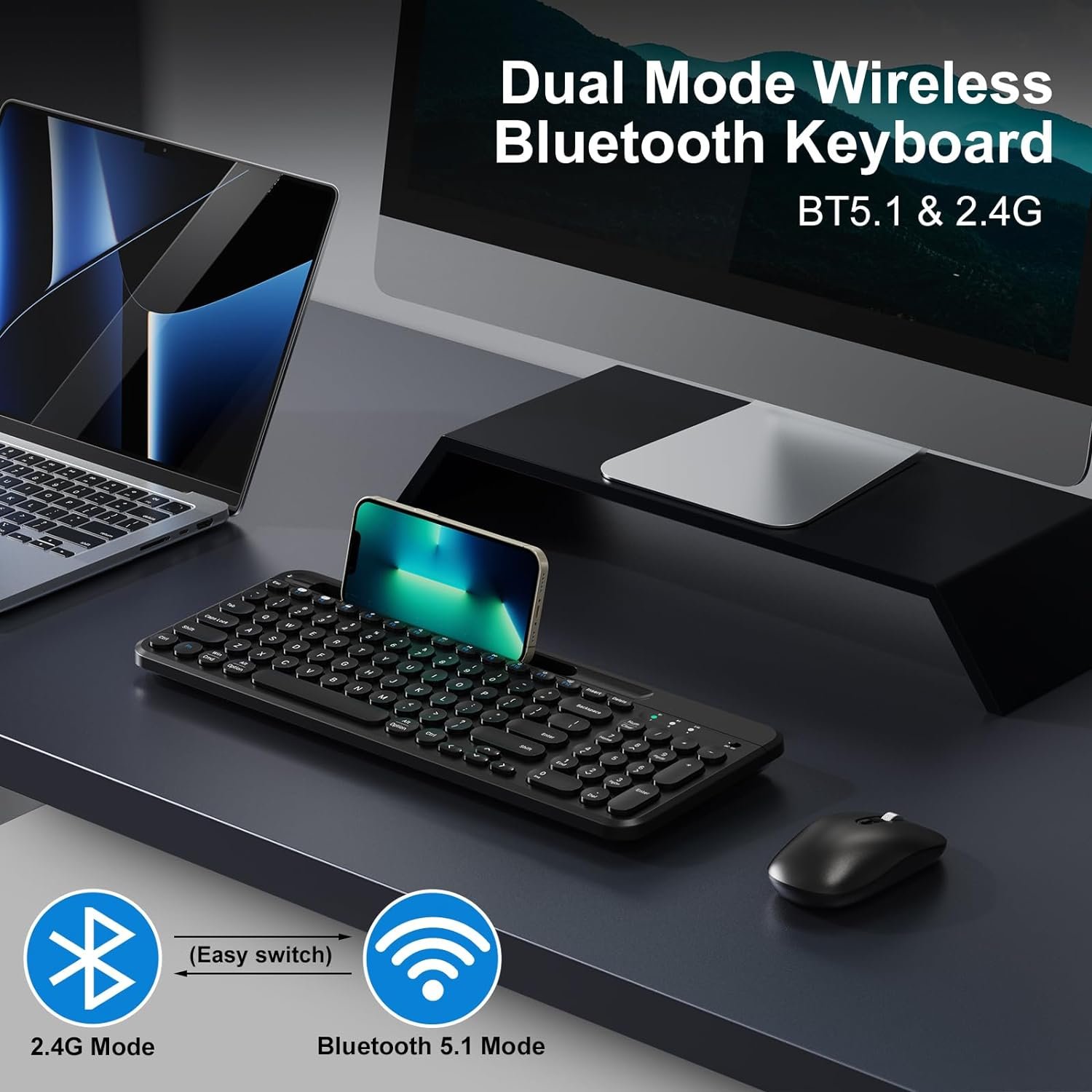 Duo Function Card Slot Retro Typewriter Keyboard BT 2.4Ghz Wireless Computer Ergonomic Keyboard for Mobile Phone PC Laptop