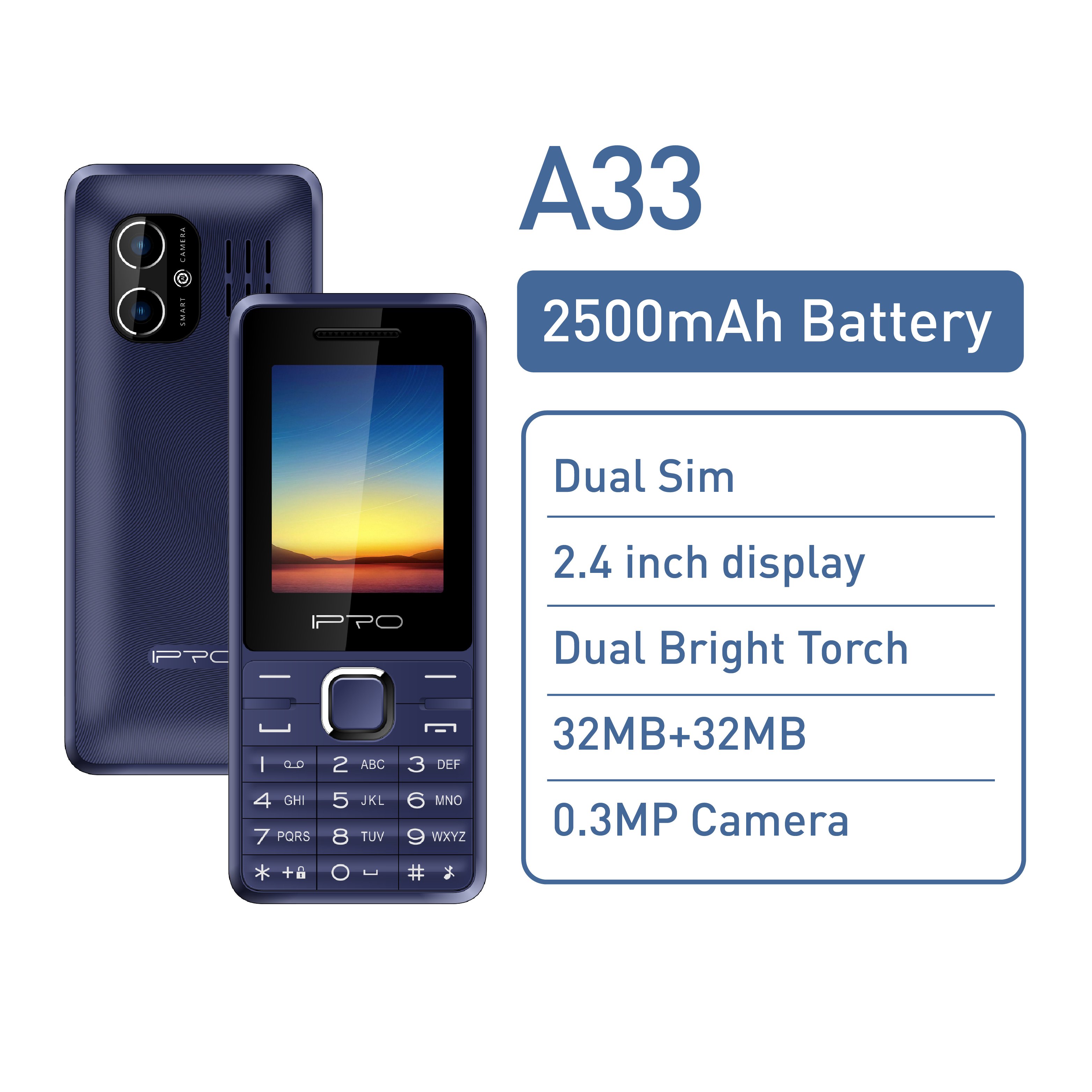 China factory Ipro brand A33 2g feature phone support TF card 1800mah battery 2.4inch screen small size mobile phone