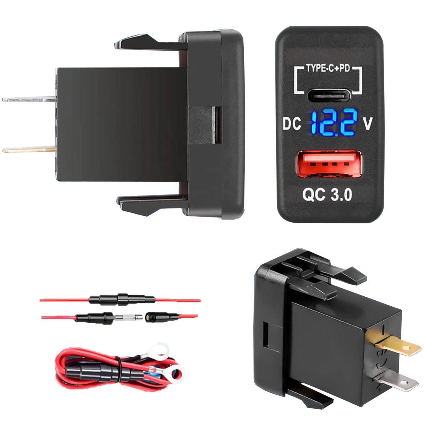 Suitable for Toyota car old modified car mobile phone charger with PD3.0 + QC3.0 digital display voltmeter