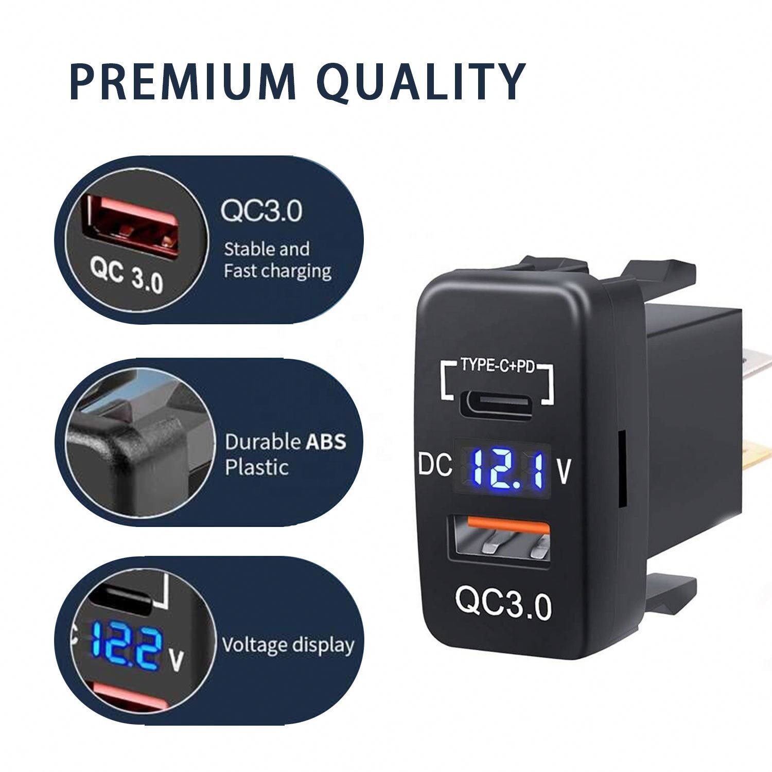 Suitable for Toyota car old modified car mobile phone charger with PD3.0 + QC3.0 digital display voltmeter