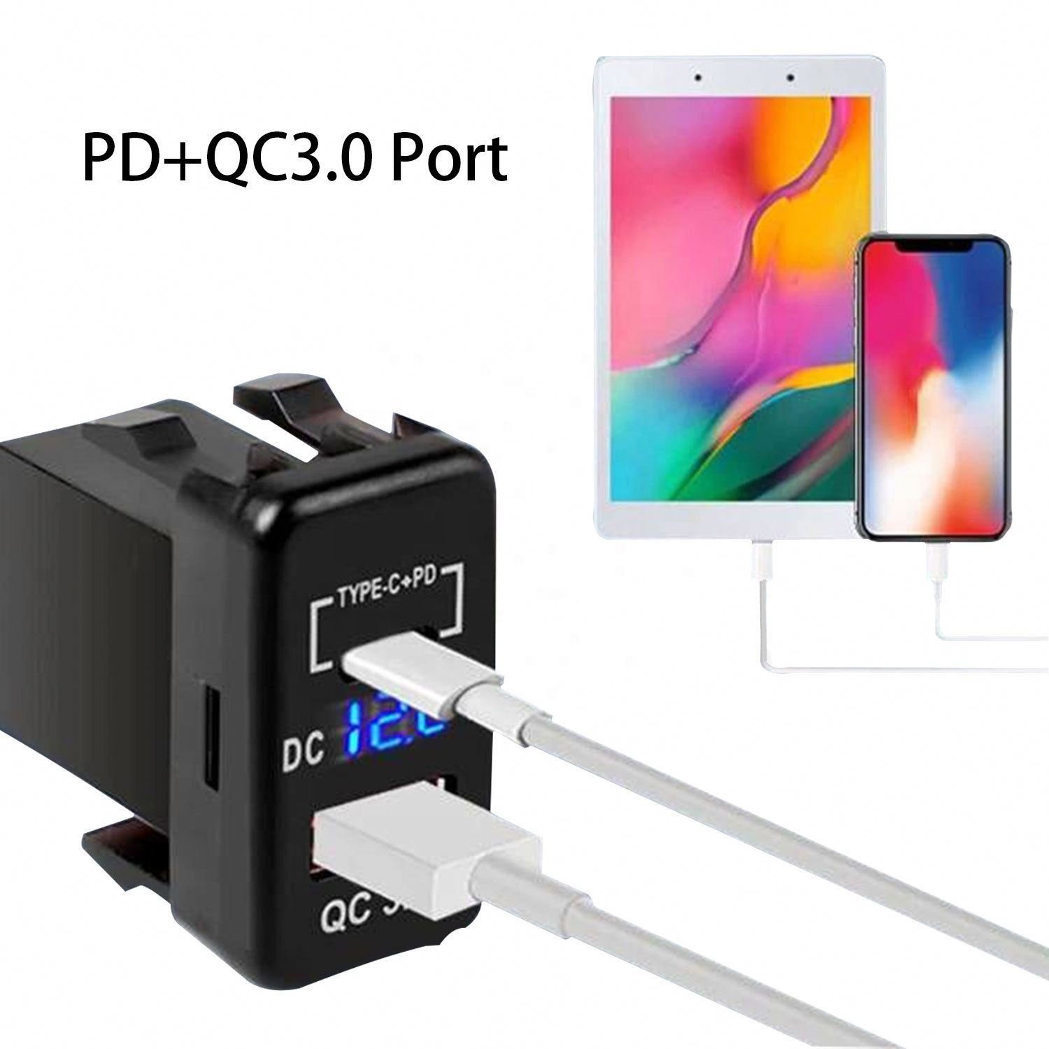 Suitable for Toyota car old modified car mobile phone charger with PD3.0 + QC3.0 digital display voltmeter