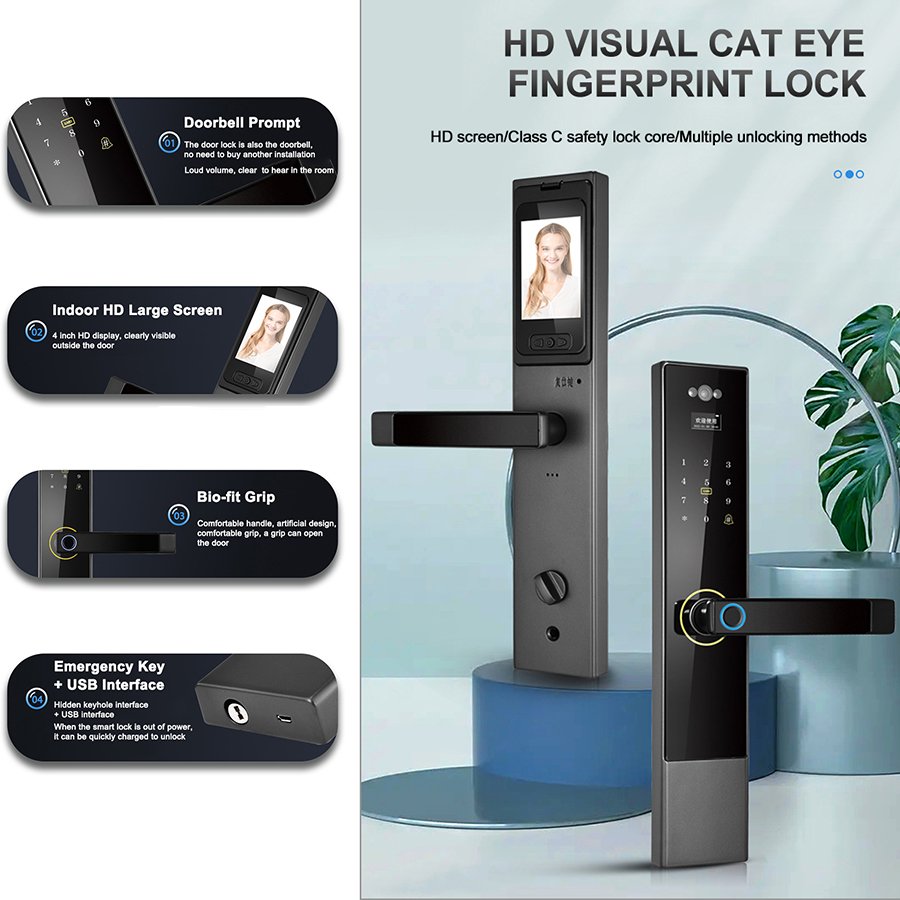 Factory Direct Sale P30 Home Intelligent Electronic App Digital Password Fingerprint Safe Remote Cat Eye Control Smart Door Lock