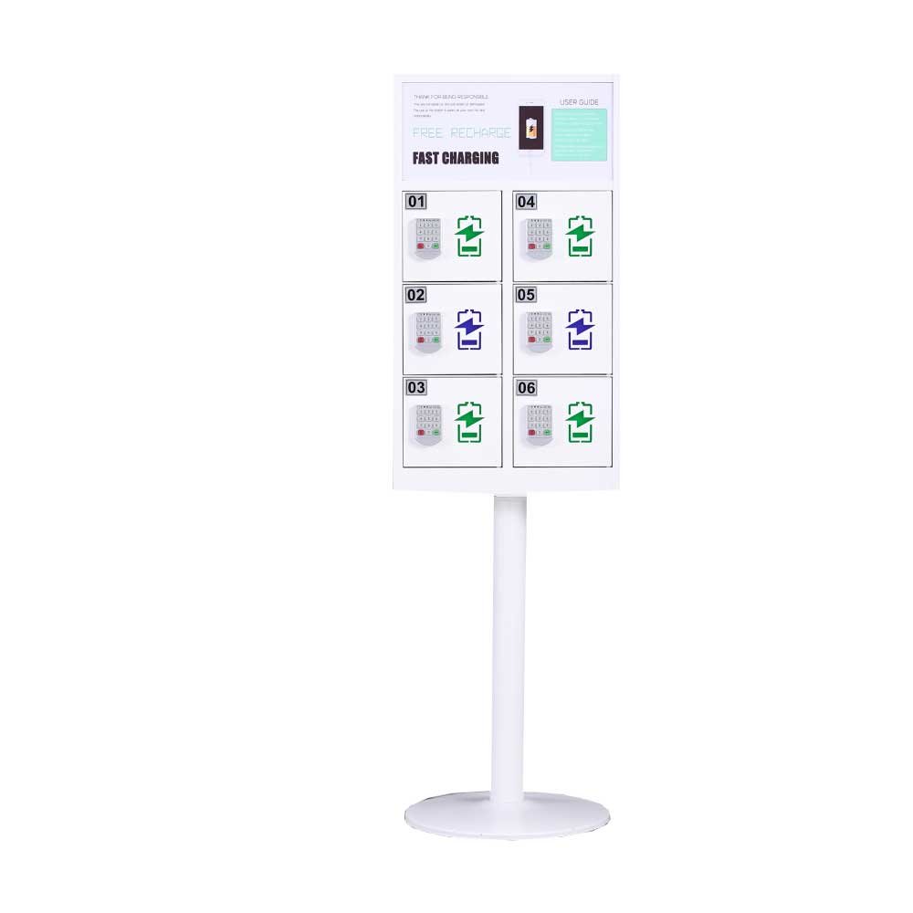 Black 6 Bay vertical phone charging station with keypad access control public charging station for multi device
