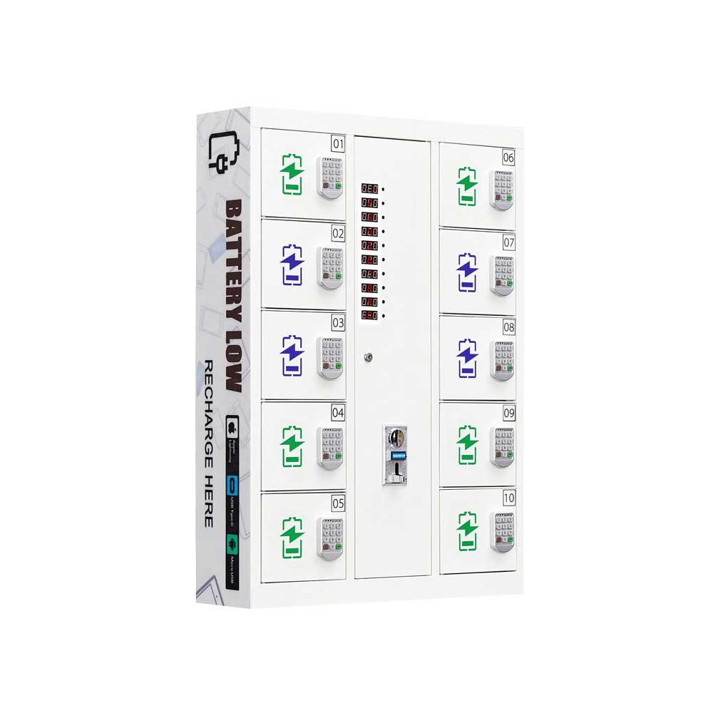 Black 6 Bay vertical phone charging station with keypad access control public charging station for multi device
