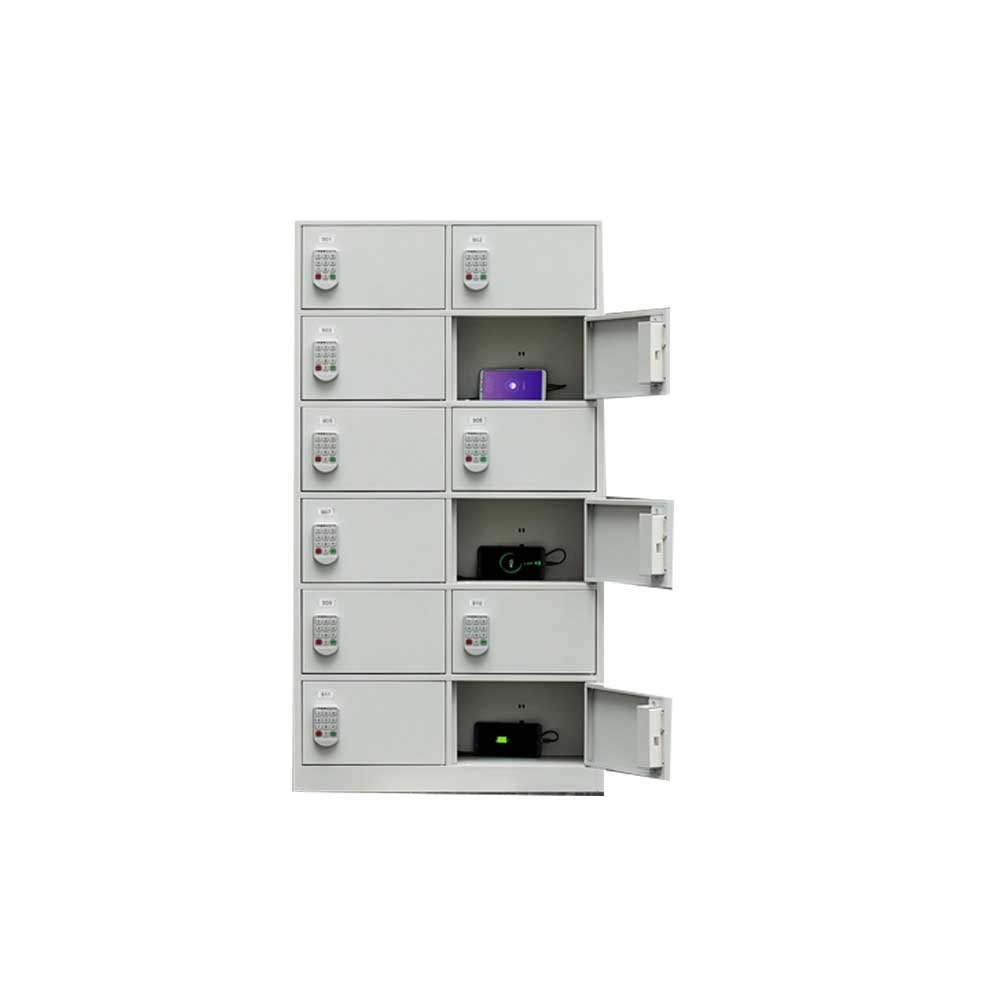 Black 6 Bay vertical phone charging station with keypad access control public charging station for multi device