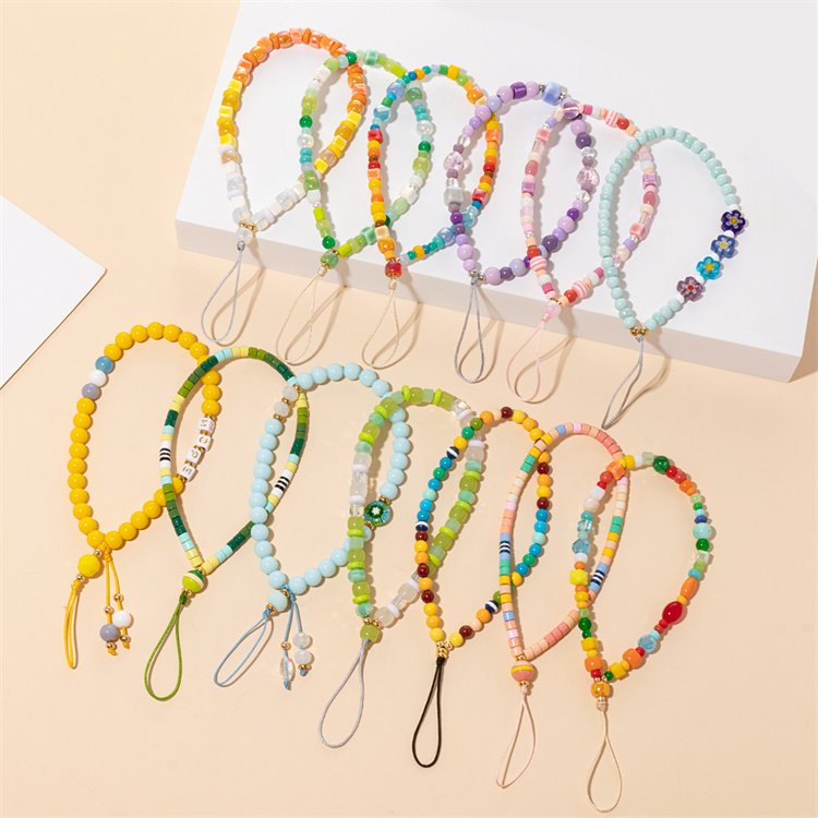 Wholesale Rainbow Phone Charm Crystal Glass Beads Mobile Phone Straps Women Wristlet String Keychain