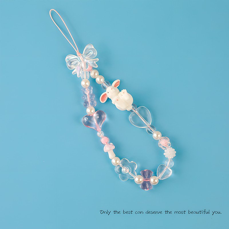 Three-dimensional rabbit bow phone lanyard pearl beaded phone chain short versatile universal temperament pendant accessories