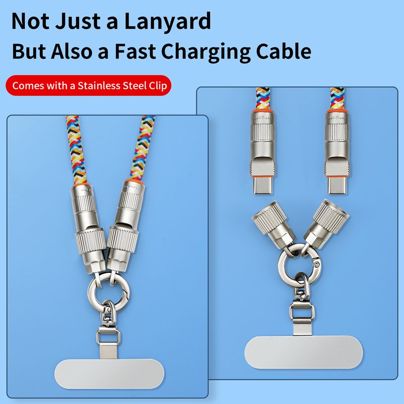 2-in-1 PD 66W Fast Charging Mobile Phone Lanyard and Charging Cable with Clip iPhone 15 Crossbody Neck Strap