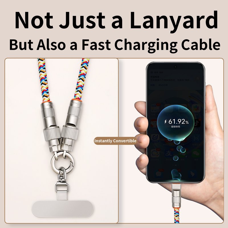 2-in-1 PD 66W Fast Charging Mobile Phone Lanyard and Charging Cable with Clip iPhone 15 Crossbody Neck Strap