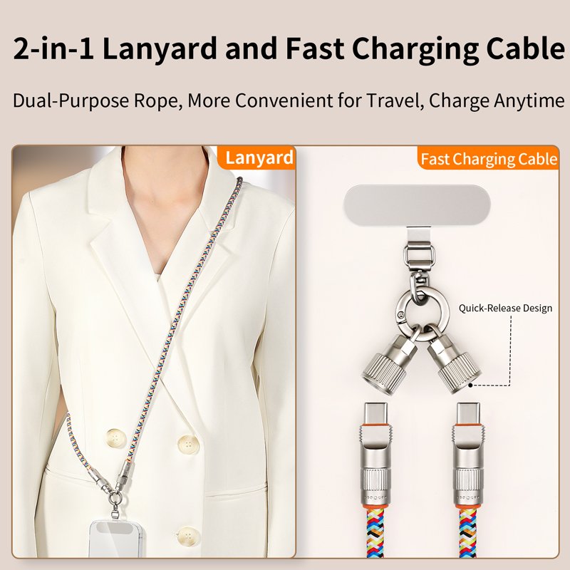 2-in-1 PD 66W Fast Charging Mobile Phone Lanyard and Charging Cable with Clip iPhone 15 Crossbody Neck Strap