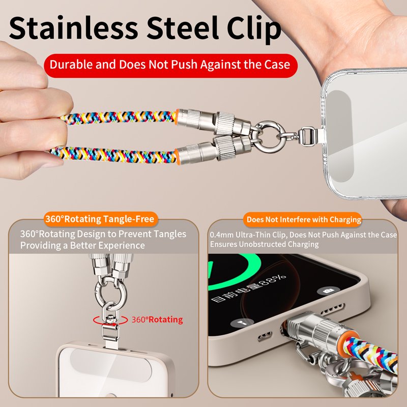 2-in-1 PD 66W Fast Charging Mobile Phone Lanyard and Charging Cable with Clip iPhone 15 Crossbody Neck Strap