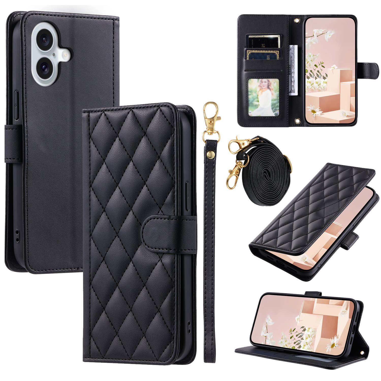 for iphone 16 15 14 13 12 11 case Card Holder Wristlet Flip Wallet leather fold Shockproof Lanyard mobile phone case