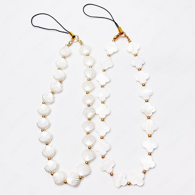 REWIN Cute White Shell Heart Star Beaded Cell Phone Chain Lanyard Keychain Wristlet Mobile Phone Charm Strap for Women