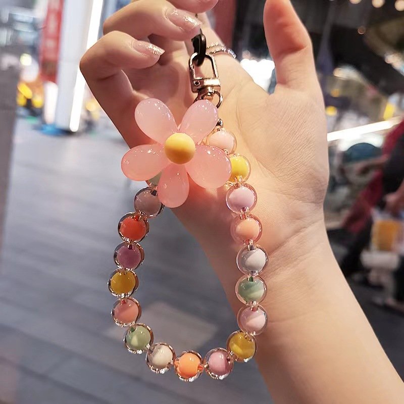 INS Wind handmade colorful crystal beaded mobile phone chain Ladies wristband Keychain Cute floral mobile phone strap lanyard