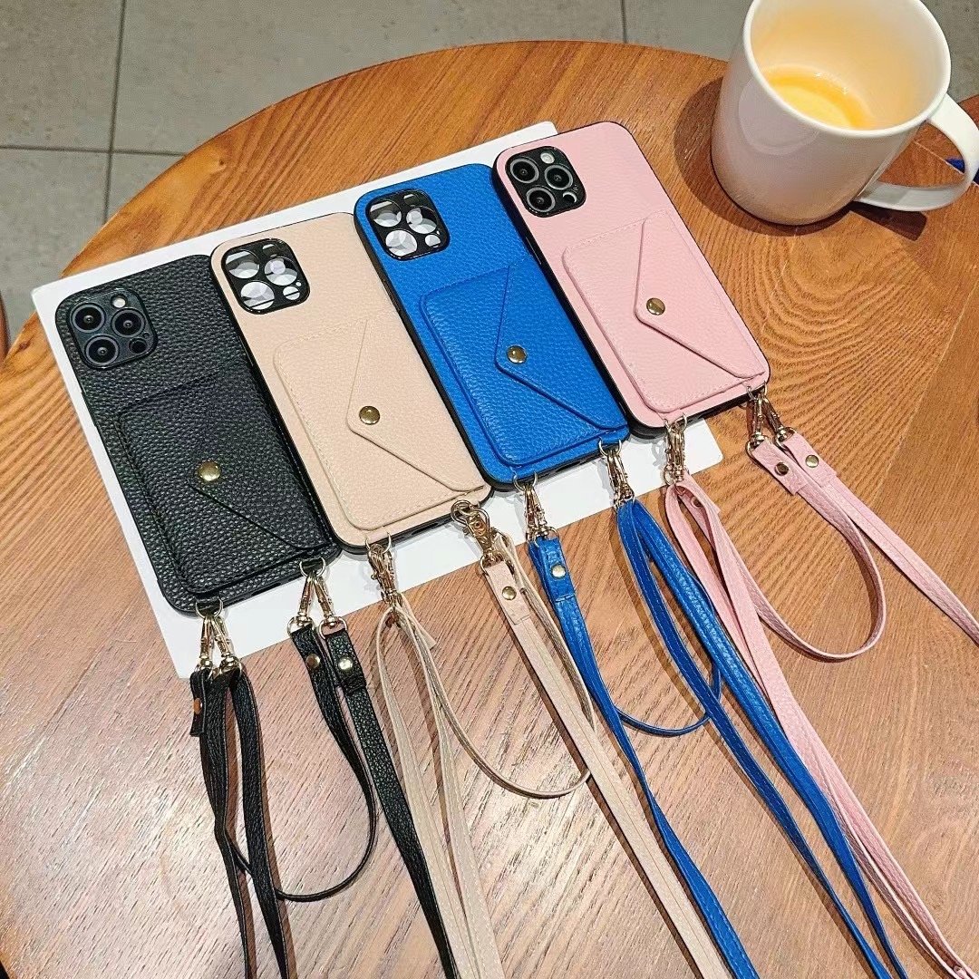 2024 Street Fashion Lychee Pattern Leather Mobile Phone Case With Shoulder Strap And Chain Wallet Card Holder For IPhone 16