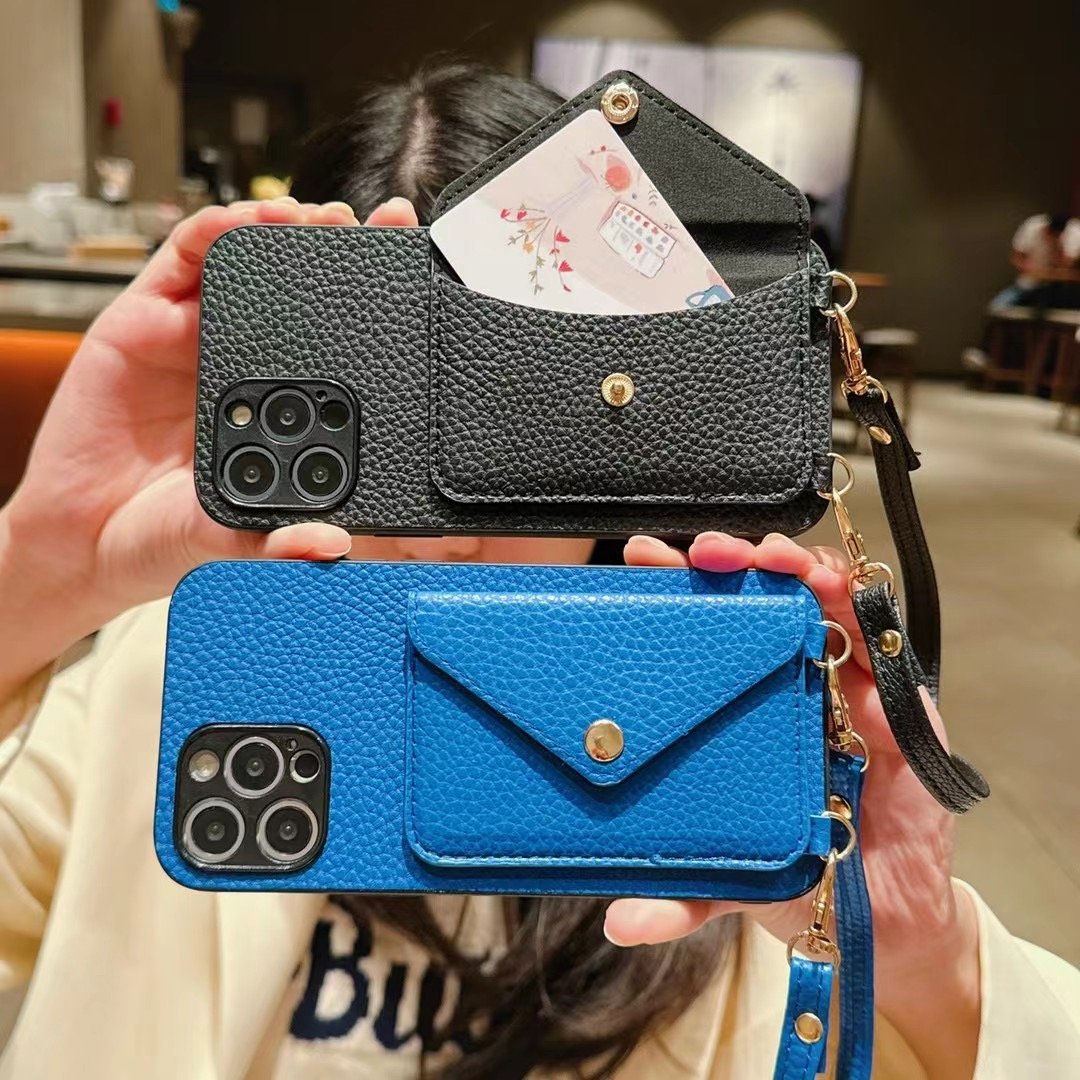 2024 Street Fashion Lychee Pattern Leather Mobile Phone Case With Shoulder Strap And Chain Wallet Card Holder For IPhone 16