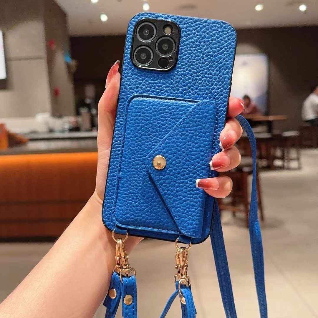 2024 Street Fashion Lychee Pattern Leather Mobile Phone Case With Shoulder Strap And Chain Wallet Card Holder For IPhone 16