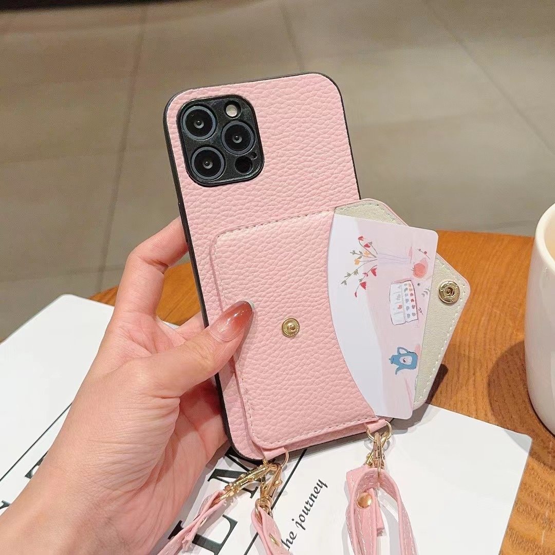 2024 Street Fashion Lychee Pattern Leather Mobile Phone Case With Shoulder Strap And Chain Wallet Card Holder For IPhone 16