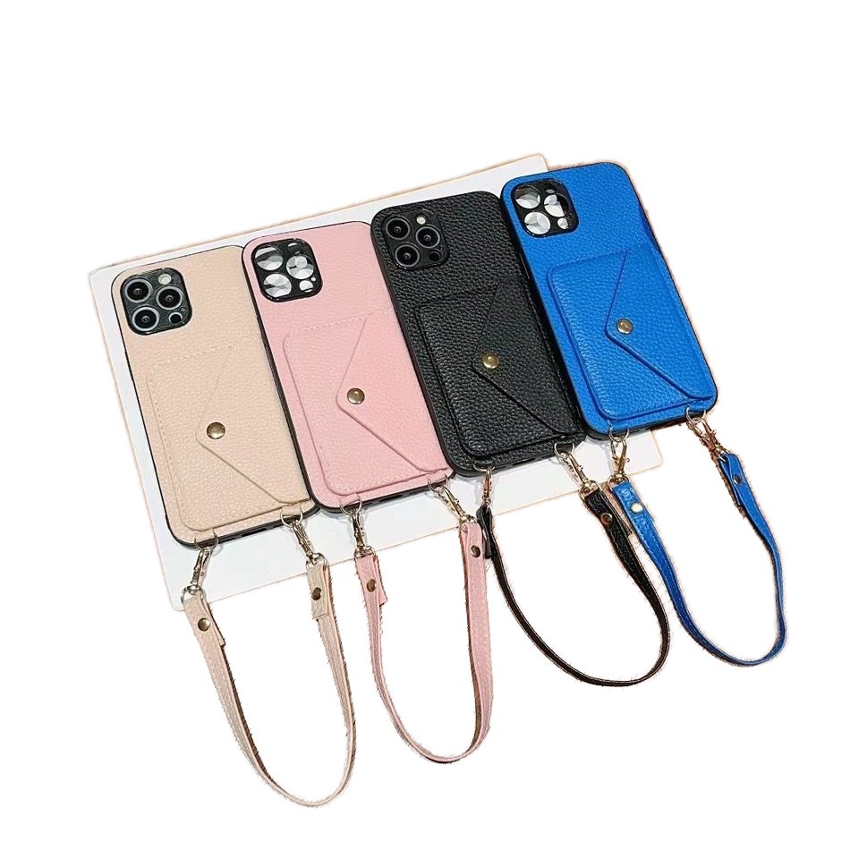 2024 Street Fashion Lychee Pattern Leather Mobile Phone Case With Shoulder Strap And Chain Wallet Card Holder For IPhone 16